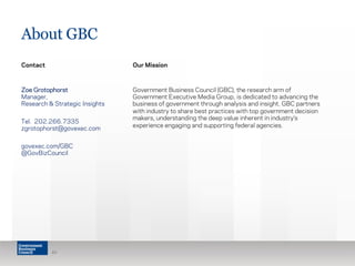 About GBC
Contact
Zoe Grotophorst
Manager,
Research & Strategic Insights
Tel. 202.266.7335
zgrotophorst@govexec.com
govexec.com/GBC
@GovBizCouncil
Our Mission
Government Business Council (GBC), the research arm of
Government Executive Media Group, is dedicated to advancing the
business of government through analysis and insight. GBC partners
with industry to share best practices with top government decision
makers, understanding the deep value inherent in industry’s
experience engaging and supporting federal agencies.
42
 