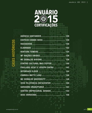revistagbcbrasil.com.br 125jul/15
anuário GBC 2015
2 15
ANUÁRIO
CERTIFICAÇÕES
CASESHISTÓRICOS
AGÊNCIA SANTANDER..................................... 126
EDIFÍCIO CIDADE NOVA.................................. 128
ROCHAVERÁ.................................................. 130
ELDORADO ................................................... 132
VENTURA TOWERS......................................... 134
WT NAÇÕES UNIDAS....................................... 136
MC DONALDS RIVIERA.................................... 138
CENTRO CULTURAL MAX FEFFER..................... 140
PAVILHÃO VICKY E JOSEPH SAFRA.................. 142
INTERFACE FLOOR......................................... 144
FÁBRICA MATTE LEÃO.................................... 146
MC DONALDS UNIVERSITY.............................. 148
VIVO TELEFONICA DATACENTER...................... 150
GARAGEM URUBUPUNGÁ................................ 152
CENTRO EMPRESARIAL SENADO...................... 154
SESC SOROCABA............................................ 156
revistagbcbrasil.com.br 125jul/15
anuário GBC 2015
 