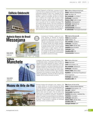 revistagbcbrasil.com.br 213jul/15
anuário GBC 2015
Edifício Odebrecht
GOLD
LEED CS
O Edifício Odebrecht, em São Paulo, conquistou em 2014
o selo nível Gold na categoria Core & Shell. Como práticas
sustentáveis adotadas na obra como, instalação de uma
Estação de Tratamento de Água, utilização de lâmpadas
eficientes, sistema de iluminação que atua em conjunto
com a incidência de luz natural, além de possui a maior
parede verde do país, o edifício atingiu resultados signifi-
cativos em relação aos critérios exigidos pela certificação
como, economia de 15% no consumo de energia, 75%
dos resíduos gerados durante a obra foram desviados de
aterros, 20% dos materiais utilizados de fornecedores da
região, redução de 65% no consumo de água com dis-
positivos eficientes e 59% de redução para o paisagismo,
além de 52% de a madeira utilizada ser certificada FSC.
Obra: Edifício Odebrecht São Paulo
Cliente: Odebrecht Realizações
Local: São Paulo - SP
Área construída: 31.577,89 m²
Certificação: 15/05/2014
Sistema e Nível: LEED CS Gold
Arquitetura: aflalo/gasperini
Construção: Odebrecht S.A
Consultoria LEED: CTE
Comissionamento: Outsource
Ar condicionado: Thermoplan/Greenwatt
Agência Banco do Brasil Localizada em Fortaleza, a agência foi cons-
truída seguindo as diretrizes do Programa
Ecoeficiente do BB, que visa à construção das
agências com implantação de um conjunto de
soluções sustentáveis para redução do impac-
to ambiental. Através das medidas adotadas,
foi possível desviar de aterros 78% dos resídu-
os gerados durante a obra. 14% dos materiais
utilizados são de origem regional e 10% pos-
suem conteúdo reciclado. Foi possível ainda,
uma redução de 63% de água potável através
da utilização de dispositivos economizadores,
e de 20% no consumo de energia.
Obra: Agência Messejana BB
Cliente: Banco do Brasil
Local: Fortaleza – CE
Área construída: 1225,96 m²
Certificação: 27/05/2014
Sistema e Nível: LEED NC Silver
Arquitetura: Banco do Brasil
Construção: Treliça
Consultoria LEED: CTE
Comissionamento: Outsource
Messejana
SILVER
LEED NC
Localizado no Rio de Janeiro, na praia do Flamengo, o Edi-
fício Manchete recebeu a certificação LEED nível Silver na
categoria Core & Shell, garantindo ao edifício o status de
Triple A. O processo de retrofit foi desenvolvido por João
Niemeyer Arquitetura e pela Renta Engenharia onde foram
adotadas medidas que contribuem para a redução dos re-
cursos naturais, como água e energia, bem como a utiliza-
ção de materiais e processos eficientes. Alguns resultados
importantes: 9% de redução de energia; 60% de redução
através de dispositivos; economia de 100% de água para
irrigação; 80% de resíduos desviados de aterros.
Obra: Edifício Manchete
Cliente: Manchete
Local: Rio de Janeiro - RJ
Área construída: 26.045,93 m²
Certificação: 27/05/2014
Sistema e Nível: LEED CS Silver
Arquitetura: João Niemeyer Arquitetura e
Renta Engenharia
Construção: Dan-Herbert
Consultoria LEED: CTE
Edifício
Manchete
SILVER
LEED CS
Obra: Museu de Arte do Rio
Cliente: Fundação Roberto Marinho
Localização: Rio de Janeiro – RJ
Área total: 15.000 m²
Gerenciamento: Engineering
Arquitetura: Bernardes + Jacobsen Arq.
Construtora: Concrejato
Certificação: 28/05/2014
Sistema e Nível: LEED NC Silver
Consultoria LEED: CTE
Concepção estrutural: GOP
Museu de Arte do Rio
Promover sinergia entre educação e arte, imaginar o Rio
de Janeiro através de uma leitura transversal da história
da cidade valorizando o conceito de sustentabilidade são
alguns dos objetivos principais do Museu de Arte do Rio.
Inaugurado em 2013, o MAR, alcançou o certificado LEED
Silver em 2014, além de receber o título de melhor cons-
trução em 2013, na categoria museu, pelo voto popular do
maior prêmio internacional de arquitetura, o Architizer A +
Awards. Foi também a primeira entrega do Porto Maravilha,
amplo projeto de revitalização da Região Portuária do Rio
de Janeiro. Projeto pioneiro na obtenção da certificação
LEED para museus na América Latina.
SILVER
LEED NC
 