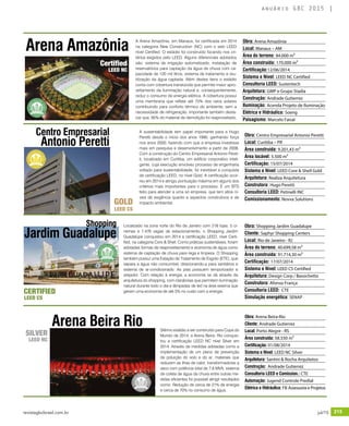revistagbcbrasil.com.br 215jul/15
anuário GBC 2015
Centro Empresarial
Antonio Peretti
Obra: Centro Empresarial Antonio Peretti
Local: Curitiba – PR
Área construída: 9.201,43 m²
Área locável: 5.500 m²
Certificação: 15/07/2014
Sistema e Nível: LEED Core & Shell Gold
Arquitetura: Realiza Arquitetura
Construtora: Hugo Peretti
Consultoria LEED: Petinelli INC
Comissionamento: Novva Solutions
A sustentabilidade tem papel importante para a Hugo
Peretti desde o início dos anos 1990, ganhando força
nos anos 2000, fazendo com que a empresa investisse
mais em pesquisa e desenvolvimento a partir de 2008.
Com a construção do Centro Empresarial Antonio Peret-
ti, localizado em Curitiba, um edifício corporativo inteli-
gente, cuja execução envolveu processo de engenharia
voltado para sustentabilidade, foi inevitável a conquista
de certificação LEED, no nível Gold. A certificação ocor-
reu em 2014 e atingiu pontuação máxima em alguns dos
critérios mais importantes para o processo. É um BTS
feito para atender a uma só empresa, que tem altos ní-
veis de exigência quanto a aspectos construtivos e de
impacto ambiental.GOLD
LEED CS
Localizado na zona norte do Rio de Janeiro com 218 lojas, 5 ci-
nemas e 1.476 vagas de estacionamento, o Shopping Jardim
Guadalupe conquistou em 2014 a certificação LEED, nível Certi-
fied, na categoria Core & Shell. Como práticas sustentáveis, foram
adotadas formas de reaproveitamento e economia de água como
sistema de captação de chuva para rega e limpeza. O Shopping
também possui uma Estação de Tratamento de Esgoto (ETE), que
separa a água não consumível, direcionando-a para sanitários e
sistema de ar-condicionado. As pias possuem temporizador e
arejador. Com relação à energia, a economia se dá através da
arquitetura do shopping, com claraboias que permitem iluminação
natural durante todo o dia e lâmpadas de led na área externa que
geram uma economia de até 5% no custo com a energia.
Shopping
Jardim Guadalupe
CERTIFIED
LEED CS
Obra: Shopping Jardim Guadalupe
Cliente: Saphyr Shopping Centers
Local: Rio de Janeiro - RJ
Área do terreno: 40.699,58 m²
Área construída: 91.714,30 m²
Certificação: 17/07/2014
Sistema e Nível: LEED CS Certified
Arquitetura: Design Corp / Bassichetto
Construtora: Afonso França
Consultoria LEED: CTE
Simulação energética: SENAP
Sétimo estádio a ser construído para Copa do
Mundo de 2014, a Arena Beira- Rio conquis-
tou a certificação LEED NC nível Silver em
2014. Através de medidas adotadas como a
implementação de um plano de prevenção
de poluição do solo e do ar, materiais que
reduzem as ilhas de calor, transformadores a
seco com potência total de 7,8 MVA, sistema
de coleta de água da chuva entre outras me-
didas eficientes foi possível atingir resultados
como: Redução de cerca de 21% de energia
e cerca de 70% no consumo de água.
Arena Beira Rio
SILVER
LEED NC
Obra: Arena Beira-Rio
Cliente: Andrade Gutierrez
Local: Porto Alegre - RS
Área construída: 58.550 m²
Certificação: 01/08/2014
Sistema e Nível: LEED NC Silver
Arquitetura: Santini & Rocha Arquitetos
Construção: Andrade Gutierrez
Consultoria LEED e Comission.: CTE
Automação: Jugend Controle Predial
Elétrica e Hidráulica: FB Assessoria e Projetos
Arena Amazônia
Certified
LEED NC
A Arena Amazônia, em Manaus, foi certificada em 2014
na categoria New Construction (NC) com o selo LEED
nível Certified. O estádio foi construído focando nos cri-
térios exigidos pelo LEED. Alguns diferenciais adotados
são: sistema de irrigação automatizado, instalação de
reservatórios para captação da água de chuva com ca-
pacidade de 120 mil litros, sistema de tratamento e reu-
tilização da água captada. Além destes itens o estádio
conta com cobertura translúcida que permite maior apro-
veitamento da iluminação natural e, consequentemente,
reduz o consumo de energia elétrica. A cobertura possui
uma membrana que reflete até 75% dos raios solares
contribuindo para conforto térmico do ambiente, sem a
necessidade de refrigeração. Importante também desta-
car que, 95% do material de demolição foi reaproveitado.
Obra: Arena Amazônia
Local: Manaus – AM
Área do terreno: 84.000 m²
Área construída: 170.000 m²
Certificação:12/06/2014
Sistema e Nível: LEED NC Certified
Consultoria LEED: Sustentech
Arquitetura: GMP e Grupo Stadia
Construção: Andrade Gutierrez
Iluminação: Acenda Projeto de Iluminação
Elétrica e Hidráulica: Soeng
Paisagismo: Marcelo Faisal
 