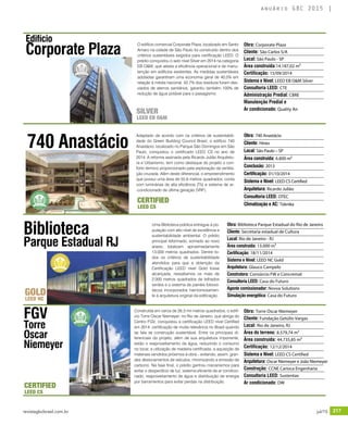 revistagbcbrasil.com.br 217jul/15
anuário GBC 2015
Obra: 740 Anastácio
Cliente: Hines
Local: São Paulo – SP
Área construída: 6.800 m²
Conclusão: 2013
Certificação: 01/10/2014
Sistema e Nível: LEED CS Certified
Arquitetura: Ricardo Julião
Consultoria LEED: OTEC
Climatização e AC: Teknika
Adaptado de acordo com os critérios de sustentabili-
dade do Green Building Council Brasil, o edifício 740
Anastácio, localizado no Parque São Domingos em São
Paulo, conquistou o certificado LEED CS no ano de
2014. A reforma assinada pela Ricardo Julião Arquitetu-
ra e Urbanismo, tem como destaque do projeto o con-
forto térmico proporcionado pela exploração da ventila-
ção cruzada. Além deste diferencial, o empreendimento
que possui uma área de 55,6 metros quadrados, conta
com luminárias de alta eficiência (T5) e sistema de ar-
-condicionado de última geração (VRF).
740 Anastácio
CERTIFIED
LEED CS
Obra: Corporate Plaza
Cliente: São Carlos S/A
Local: São Paulo - SP
Área construída:14.187,02 m²
Certificação: 15/09/2014
Sistema e Nível: LEED EB O&M Silver
Consultoria LEED: CTE
Administração Predial: CBRE
Manutenção Predial e
Ar condicionado: Quality Air
O edifício comercial Corporate Plaza, localizado em Santo
Amaro na cidade de São Paulo foi construído dentro dos
critérios sustentáveis exigidos para certificação LEED. O
prédio conquistou o selo nível Silver em 2014 na categoria
EB O&M, que atesta a eficiência operacional e de manu-
tenção em edifícios existentes. As medidas sustentáveis
adotadas garantiram uma economia geral de 40,5% em
relação à média nacional. 42,7% dos resíduos foram des-
viados de aterros sanitários, garantiu também 100% de
redução de água potável para o paisagismo.
Edifício
Corporate Plaza
SILVER
LEED EB O&M
Uma Biblioteca pública entregue à po-
pulação com alto nível de excelência e
sustentabilidade ambiental. O prédio
principal reformado, somado ao novo
anexo, totalizam aproximadamente
13.000 metros quadrados. Dentre to-
dos os critérios de sustentabilidade
atendidos para que a obtenção da
Certificação LEED nível Gold fosse
alcançada, ressaltamos os mais de
2.000 metros quadrados de telhados
verdes e o sistema de painéis fotovol-
taicos incorporados harmoniosamen-
te à arquitetura original da edificação.
Biblioteca
Parque Estadual RJ
GOLD
LEED NC
Obra: Biblioteca Parque Estadual do Rio de Janeiro
Cliente: Secretaria estadual de Cultura
Local: Rio de Janeiro - RJ
Área construída: 13.000 m²
Certificação: 18/11/2014
Sistema e Nível: LEED NC Gold
Arquitetura: Glauco Campelo
Construtora: Consórcio FW e Concremat
Consultoria LEED: Casa do Futuro
Agente comissionador: Novva Solutions
Simulação energética: Casa do Futuro
Construída em cerca de 26,3 mil metros quadrados, o edifí-
cio Torre Oscar Niemeyer, no Rio de Janeiro, que abriga do
Centro FGV, conquistou a certificação LEED nível Certified
em 2014. certificação de muita relevância no Brasil quando
se fala se construção sustentável. Entre os principais di-
ferenciais do projeto, além de sua arquitetura imponente,
estão o reaproveitamento da água, reduzindo o consumo
no local; a utilização de madeira certificada; a aquisição de
materiais vendidos próximos à obra – evitando, assim, gran-
des deslocamentos de veículos, minimizando a emissão de
carbono. Na fase final, o prédio ganhou mecanismos para
evitar o desperdício de luz, sistema eficiente de ar condicio-
nado, reaproveitamento de água e distribuição de energia
por barramentos para evitar perdas na distribuição.
FGV
Torre
Oscar
Niemeyer
Obra: Torre Oscar Niemeyer
Cliente: Fundação Getúlio Vargas
Local: Rio de Janeiro, RJ
Área do terreno: 8.579,74 m²
Área construída: 44.735,85 m²
Certificação: 12/12/2014
Sistema e Nível: LEED CS Certified
Arquitetura: Oscar Niemeyer e João Niemeyer
Construção: CCNE Carioca Engenharia
Consultoria LEED: Sustentax
Ar condicionado: DW
CERTIFIED
LEED CS
 