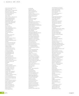 238 jul/15 rev/gbc/br
anuário GBC 2015
Cyrela Commercial Properties...
Dagnese & Cia Ltda
Daikin Mcquay Ar Condicionado...
DALÍ Multi Serviços Ltda
DallOnder Laybauer Desenhos...
Dannenge Soluções de...
Davis Brody Bond
Deca | Hydra
Deli-ar Comercio e Manutenção...
Delpro Empreendimentos...
DELTA ADMINISTRAÇÃO E...
Demolidora FBI LTDA
DEMOLIDORA SANTOS LTDA
Denver Impermeabilizantes
Depaula e Depaula...
DHARO P
Dias de Sousa
Diase Construções
Dimibu Indústria de Artefatos...
DITEC ENGENHARIA E...
Div Design Divisórias...
DJR Construções
DL Construtora LTDA
DOCOL
Domoglass Comércio de...
Domus Urbanismo
Dow Brasil
Dox Planejamento, Gestão e...
DPG Plan - ARTELIA ...
DRYKO IMPERMEABILIZANTES
DryStore
DS Cálculos Estruturais Ltda
DTS Diversão Tecnologia e...
Ductor Implantacao de...
DuPont do Brasil
DURIGON HOMES
Duroshield Spray Systems
DutraLevi Construtora Ltda
e-Vertical Tecnologia
E.G.A ARQUITETURA E...
E.W. ENGENHARIA LTDA
E.W. ENGENHARIA LTDA
EAF Esquadrias
EAM Consultoria Ltda
Easy Gerenciamento e...
EBM Climatização e Instalação...
Echo Construtora Ltda
Ecoblock Indústria e Comércio...
Ecoconstruct Brazil Ltda
ECOGREEN
Ecohus
Ecojardim Franquias
Ecolibra Engenheria, Projetos...
Econoágua Comércio de...
Econoágua Comércio de...
Ecopak Telhas e Chapas...
ECOPANTANAL
Ecoplace decks ecológicos
Ecoplate - Pisos Plásticos...
Ecoquest do Brasil...
ECORLED - Lâmpadas e Postes...
Ecotech Arquitetura
Ecotech Thermal Engineering
Ecotech Thermal Engineering
Ecotelhado
ECOTOP Indústria e Comércio...
Ecowin Soluções Ecológicas
Efficens Eficiência em...
Eficacia Projetos e...
Ekatu intermediação de...
Ekohaus Esquadrias Eireli
Ekoty Soluções Visuais e...
Elasteq do Brasil
Eletro Zagonel LTDA
ELETROLINK
Elevadores Otis
EMBYÁ Paisagens &...
Empresarial Paulista de...
Energia Técnica
Engemon Comércio e Serviço...
Engenharia de Sistemas...
Engepred Serviços de...
Engetel
EnGGram Tecnologia e...
Engineering - A Hill...
Enova Solar
EPPO Saneamento Ambiental e...
EQUALIZE Consultoria em...
Esencial Indústria e Comércio...
ESM BH EMPRESA DE ENGENHARIA...
Espaço Interativo
Essence Projetos Sustentaveis
Estelle Dugachard Paisagismo
ETEC Engenharia LTDA
ETKA SYSTEMS
Everlast Brasil Pisos Ltda
EVOLLUAR COMÉRCIO E SERVIÇOS...
EVOQUIMICA INDUSTRIA E...
EXCENGE - EXCELÊNCIA EM...
Exim Sistemas de Iluminação...
EZY COLOR SC PROTEÇÃO E...
FABRIMAR S.A. INDÚSTRIA E...
Fatorágua Serviços e Soluções...
FBS Termoplásticos Ltda
Fênix Construtora e...
Fernandes Arquitetos...
Fibra Expert Empreendimento...
Five Star Painting Brasil
FL 17 EMPREENDIMENTO...
Flooring Indústria e Comércio...
Floraliz
Foccus Gerenciamento de...
FOCUS CLIMATIZAÇÃO
Folle Empreendimentos...
Forbo Pisos
FORMIA - ESTRUTURA...
Forte Clean - Limpeza de...
Fox Engenharia e Consultoria
Francisco Ramos Advogados...
FREITAS E LIMA SOLUÇÕES...
Fulwood Empreendimentos...
Furtado de Mendonça ABPS Ltda
Furukawa Industrial S.A
Gadia - Arquitetura,...
Gail Guarulhos Ind.e Com.Ltda
GB Eco Solutions
GB2 Engenharia
GBC Brasil
GBFOR - Green Building for...
General Water
Genergia Projetos...
Geração Renovável...
Geraissate Engenharia Ltda
Gerconsult Engenharia e...
Gerdau Aços Longos SA
GGM CLIMATIZAÇÃO EIRELI
GIL FIALHO PAISAGISMO
Global Consortium
Global Participações
Goincorp Incorporação e...
GOJO América Latina
Good Serv de Climatização...
Gotardo Construtora Ltda
GPA gerenciamento projetos...
GPBN PAULISTA SPE S/A
GR Properties
GRAICHE CONSTR. IMOB. LTDA
Green Building Council Brasil
Green Coatings Revestimentos...
GREEN FARM CO2FREE
Green Gold Engenharia...
Green Solutions
Green Studio Arquitetura +...
Greenwall Ceramic
Grit
Grupo Axion Ferramentas e...
GRUPO GRX SÃO PAULO
Grupo Oikos Soluções...
GRUPO STADIA
Gruska Péricles Automação...
GRX São Paulo Indústria e...
GRX São Paulo Indústria e...
Guardian
GV Demolidora e Locadora
Göbel Arquitetura Ltda
H Soluções
H. AIDAR PAVIMENTAÇÃO E OBRAS...
Habitat Comércio e Serviços...
Harmonia Acustica
Harmonia Arquitetura e...
HDA IND. E COM. COMP....
Heating e Cooling Tecnologia...
Henkel
Hersil Administração e...
Hidraulica Eficaz
HILTI DO BRASIL COMERCIAL...
Hines Interests
Hitachi Ar Condicionado do...
HOCHTIEF do Brasil
HONEYWELL DO BRASIL LTDA
HOSANNA RODRIGUES Arquitetos...
Hotel Sofitel Jequitimar LTDA
House Incorporadora e...
Hunter Douglas Ltda
HVACR-SERVIÇOS TECNICOS LTDA
Hydronorth S/A
i-Lumes Comércio de Artigos
IBEG Engenharia e Construções...
Ideal Home - Automação...
ideatek Engenharia e...
Idoeta Arquitetura
Impakto Sistemas de Limpeza e...
IN SERVICE Limpeza Verde de...
Indeco Energia Águas e...
Indústria e Comércio Paulista...
Infinitytech Engenharia e...
Informov Engenharia +...
INOTUS - Conforto Ambiental
Inova Glass - Blindagem...
InSinkErator
Instituto do PVC
Instituto EDP
Instituto Muda
INTELICON CONSTRUÇÕES...
Intéling Domótica e...
Interface Flooring Systems...
Interplan
IRIS Gestão de Imóveis...
ISA Sul América
Ising - Construções,...
Isoeste Indústria e Comércio...
ISOVER
ISOWATT ENGENHARIA
Itaim Iluminação
Itambé Administradora
ItsClub
ITT Performance - Unisinos
J.J.Abrão Arquitetura e...
Jaguarê Projetos Ltda
Jam Engenharia Ltda
JBN Electronics I. C. Ltda
 
