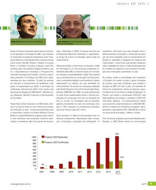 revistagbcbrasil.com.br 69jul/15
anuário GBC 2015
Essas primeiras conquistas fazem parte do proces-
so de gestação e formação do GBC, que envolveu
31 empresas e fundadores estatutários como Thas-
sanee Wanick e José Moulin Netto; pessoas físicas
como Guido Petinelli, Roberto Teitelroit e Luciana
Rossi; o fundador honorário professor José Gol-
denberg, além do professor Siegbert Zanettini, que
foi o responsável por encabeçar o Programa Na-
cional de Educação do Conselho. Todas as institui-
ções presentes na fundação do GBC eram repre-
sentadas por seus diretores. “A partir de estudos
de mercado e conhecimento de tendências, este
grupo foi responsável por definir a promoção da
certificação internacional LEED como sendo uma
das áreas de atuação do GBC Brasil”, relembra Ce-
zar Velazquez, Gerente Financeiro e Administrativo
do Conselho.
Felipe Faria, Diretor Executivo do GBC Brasil, iden-
tifica na força da rede um dos motivos de sucesso
da instituição do país: “A principal justificativa para
o crescimento contínuo do Green Building Council
Brasil é a disponibilidade de angariar apoio irrestri-
to dos voluntários das empresas membros asso-
ciadas e fundadoras, além do suporte de associa-
ções, instituições e ONGs. A equipe executiva de
profissionais altamente dedicados e capacitados,
ao longo de 8 anos de atividade, fazem parte da
nossa história”.
Nesta caminhada, muitos foram os desafios. A falta
de informação é um dos principais problemas en-
frentados pelo GBC na transformação do mercado
em direção à sustentabilidade. Felipe Faria aponta
que os profissionais da construção civil desconhe-
ciam a verdadeira relação custo-benefício e dados
relacionados ao impacto de suas atividades ao
meio ambiente. De acordo com pesquisa realizada
pelo World Business Council for Sustainable Deve-
lopment (WBCSD) em 2008, na qual profissionais
do setor foram questionados sobre o nível de con-
tribuição da construção civil com as emissões de
CO2
no mundo, foi constatado que as emissões
globais provenientes do setor da construção che-
gam a 19%, enquanto os profissionais acreditam
que esse impacto seja bem menor.
Outra barreira é a falta de comunicação entre os
diversos profissionais responsáveis pela concep-
ção, construção e operação das edificações. “A
experiência demonstra que esta situação inibe o
desenvolvimento de projeto e construção de espa-
ços de forma integrada onde os investimentos em
eficiência, qualidade e mitigação de impactos são
maximizados”, critica Faria, que também destaca a
visão imediatista do setor e a falta de planejamento
de modelos de negócios como entraves à amplia-
ção das construções sustentáveis no país.
No entanto, todas as dificuldades não impediram
o Conselho de investir na área e apoiar iniciativas
de sucesso que hoje contribuem para ampliar a
atuação do GBC em todo o país. Um exemplo de
retorno do investimento, dentre os diversos cases,
é a fábrica da Coca-Cola na cidade de Maringá, no
Paraná, que obteve a certificação LEED NC nível
Gold (edifícios de portaria e vestiário) e LEED NC
nível Silver (fábrica). “O empreendimento obteve
uma economia anual estimada de 5.400.000 kWh,
devido à melhoria em eficiência energética, repre-
sentando o equivalente a R$ 1.080.000,00 a menos
na conta anual de energia”, celebra o diretor.
A fim de buscar soluções para esses desafios iden-
tificados, o GBC Brasil investe em comunicação
Felipe Faria, Diretor Executivo do GBC Brasil Cezar Velazquez, Gerente Financeiro e Admi-
nistrativo do Conselho
2007	 2008	2009	 2010	2011	2012	2013	 2014	 2015
1000
900
800
700
600
500
400
300
200
100
0
997
252
48
1
Projetos LEED Regitrados
Projetos LEED Certificados
até jul/15
 