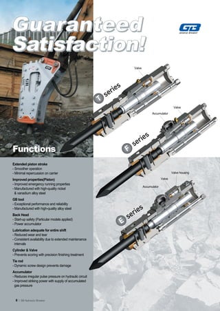 Valve




                                                                   s
                                                                rie
                                                              se
                                                          T
                                                                                                          Valve
                                                                                         Accumulator




                                                                             ries
                                                                           se
Functions                                                              F
Extended piston stroke
- Smoother operation
- Minimal repercussion on carrier                                                                        Valve housing

Improved properties(Piston)                                                                      Valve
- Improved emergency running properties
                                                                                   Accumulator
- Manufactured with high-quality nickel
  & vanadium alloy steel
GB tool
- Exceptional performance and reliability
                                                                            s
                                                                         rie
- Manufactured with high-quality alloy steel
Back Head
- Start-up safety (Particular models applied)                          se
- Power accumulator                                                E
Lubrication adequate for entire shift
- Reduced wear and tear
- Consistent availability due to extended maintenance
  intervals
Cylinder & Valve
- Prevents scoring with precision finishing treatment
Tie rod
- Dynamic screw design prevents damage
Accumulator
- Reduces irregular pulse pressure on hydraulic circuit
- Improved striking power with supply of accumulated
  gas pressure


  8 | GB Hydraulic Breaker
 