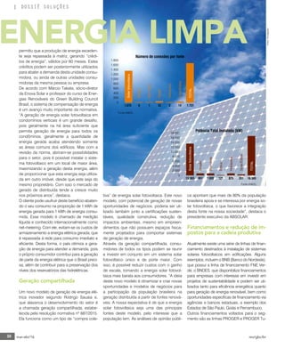 30 mar-abr/16 rev/gbc/br
DOSSIÊ SOLUÇÕES
permitiu que a produção de energia exceden-
te seja repassada à matriz, gerando “crédi-
tos de energia”, válidos por 60 meses. Estes
créditos podem ser posteriormente utilizados
para abater a demanda desta unidade consu-
midora, ou ainda de outras unidades consu-
midoras da mesma pessoa ou empresa.
De acordo com Márcio Takata, sócio-diretor
da Enova Solar e professor do curso de Ener-
gias Renováveis do Green Building Council
Brasil, o sistema de compensação de energia
é um avanço muito importante da normativa.
“A geração de energia solar fotovoltaica em
condomínios verticais é um grande desafio,
pois geralmente na há área suficiente que
permita geração de energia para todos os
condôminos, geralmente a quantidade de
energia gerada acaba atendendo somente
as áreas comuns dos edifícios. Mas com a
revisão da norma, abriram-se possibilidades
para o setor, pois é possível instalar o siste-
ma fotovoltaico em um local de maior área,
maximizando a geração desta energia, além
de proporcionar que esta energia seja utiliza-
da em outro imóvel, desde que este seja do
mesmo proprietário. Com isso o mercado de
gerado de distribuída tende a cresce muito
nos próximos anos”, destaca.
O cliente pode usufruir deste benefício abaten-
do o seu consumo na proporção de 1 kWh de
energia gerada para 1 kWh de energia consu-
mida. Esse modelo é chamado de medição
líquida e conhecido internacionalmente como
net-metering. Com ele, evitam-se os custos de
armazenamento a energia elétrica gerada, que
é repassada à rede para consumo imediato e
eficiente. Desta forma, o país otimiza a gera-
ção de energia para atender a demanda, pois
o próprio consumidor contribui para a geração
de parte da energia elétrica que o Brasil preci-
sa, além de contribuir para a preservação dos
níveis dos reservatórios das hidrelétricas.
Geração compartilhada
Um novo modelo de geração de energia elé-
trica inovador segundo Rodrigo Sauaia e,
que alavanca o desenvolvimento do setor é
a chamada geração compartilhada, estabe-
lecida pela resolução normativa nº 687/2015.
Ela funciona como um tipo de “compra cole-
tiva” de energia solar fotovoltaica. Este novo
modelo, com potencial de geração de novas
oportunidades de negócios, poderia ser uti-
lizado também junto a certificações susten-
táveis, qualidade construtiva, redução de
impactos ambientais, mesmo em empreen-
dimentos que não possuem espaços fisica-
mente projetados para comportar sistemas
de geração de energia.
Através da geração compartilhada, consu-
midores de todos os tipos podem se reunir
e investir em conjunto em um sistema solar
fotovoltaico único e de porte maior. Com
isso, é possível reduzir custos com o ganho
de escala, tornando a energia solar fotovol-
taica mais barata aos consumidores. “A ideia
deste novo modelo é dinamizar e criar novas
oportunidades e modelos de negócios para
a participação da população brasileira na
geração distribuída a partir de fontes renová-
veis. A nossa expectativa é de que a energia
solar fotovoltaica seja uma das principais
fontes deste modelo, pelo interesse que a
população tem. As análises de opinião públi-
ca apontam que mais de 80% da população
brasileira apoia e se interessa por energia so-
lar fotovoltaica, o que favorece a integração
desta fonte na nossa sociedade”, destaca o
presidente executivo da ABSOLAR.
Financiamentos e redução de im-
postos para a cadeia produtiva
Atualmente existe uma série de linhas de finan-
ciamento destinados à instalação de sistemas
solares fotovoltaicos em edificações. Alguns
exemplos, incluem o BNB (Banco do Nordeste),
que possui a linha de financiamento FNE Ver-
de; o BNDES, que disponibiliza financiamentos
para empresas com interesse em investir em
projetos de sustentabilidade e podem ser uti-
lizados tanto para eficiência energética quanto
para geração de energia renovável, bem como
oportunidades específicas de financiamento via
agências e bancos estaduais, a exemplo dos
Estados de São Paulo, Goiás e Pernambuco.
Outros financiamentos voltados para o seg-
mento são as linhas PROGER e PROGER Tu-
Solarfotovoltaica
Biogás	
Biomassa
Eólica
Hidráulica
Solar/Eólica
TOTAL
Potência Total Instalada (kW)
18.000
16.000
14.000
12.000
10.000
8.000
6.000
4.000
2.000
0
13.383 951 1.000 121 829 281 16.565
ENERGIA LIMPA
Solarfotovoltaica
Biogás	
Biomassa
Eólica
Hidráulica
Solar/Eólica
TOTAL
Número de conexões por fonte
1.800
1.600
1.400
1.200
1.000
800
600
400
200
0
1.675 6 1 33 2 14 1.731
Fonte ANEEL
Fonte ANEEL
Fotos:Divulgação
 