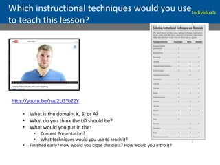 Which instructional techniques would you use
to teach this lesson?
http://youtu.be/ruu2U3YoZ2Y
• What is the domain, K, S, or A?
• What do you think the LO should be?
• What would you put in the:
• Content Presentation?
• What techniques would you use to teach it?
• Finished early? How would you close the class? How would you intro it?
Individuals
 