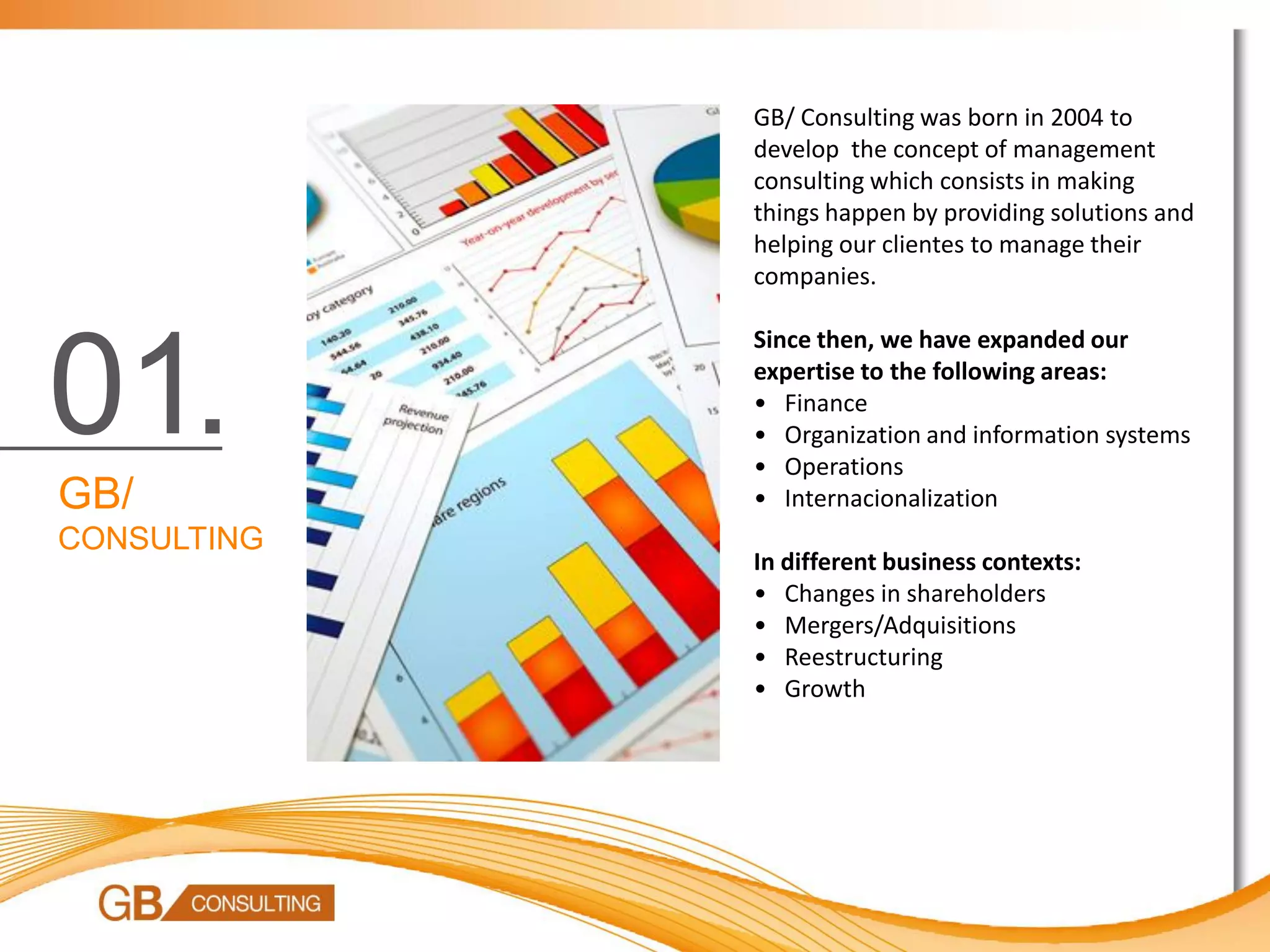 GB/ Consulting was born in 2004 to
             develop the concept of management
             consulting which consists in making
             things happen by providing solutions and
             helping our clientes to manage their
             companies.

             Since then, we have expanded our


01.          expertise to the following areas:
             • Finance
             • Organization and information systems
             • Operations
GB/          • Internacionalization
CONSULTING
             In different business contexts:
             • Changes in shareholders
             • Mergers/Adquisitions
             • Reestructuring
             • Growth
 