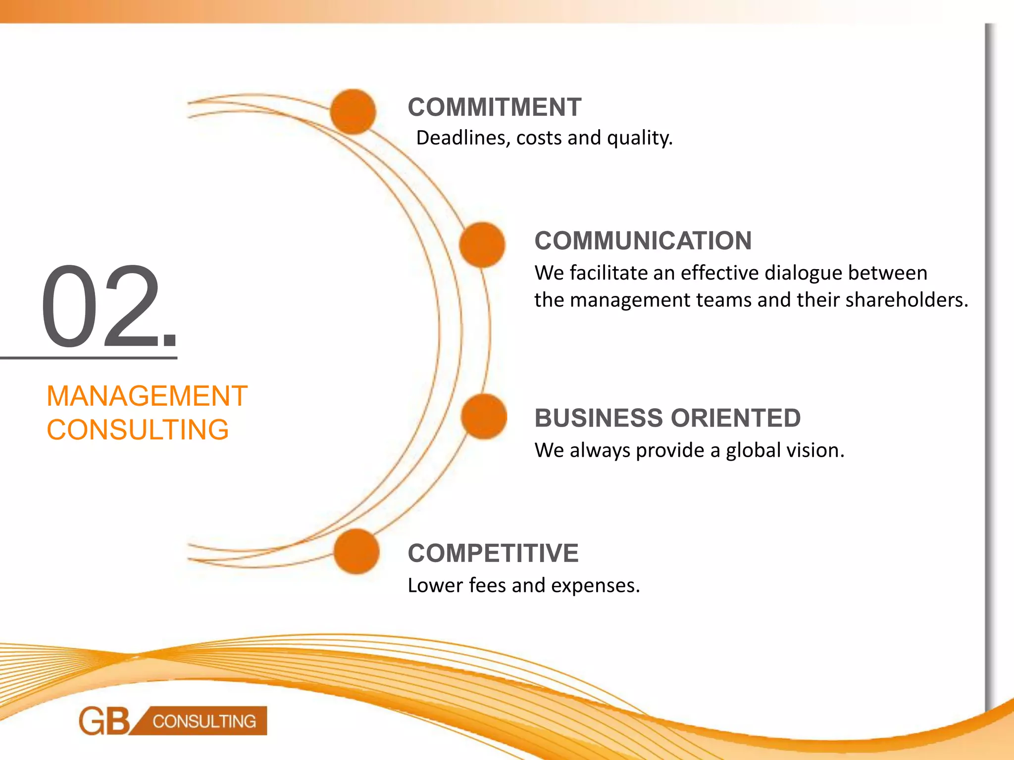 COMMITMENT
             Deadlines, costs and quality.



                          COMMUNICATION
                          We facilitate an effective dialogue between

02.                       the management teams and their shareholders.



MANAGEMENT
                          BUSINESS ORIENTED
CONSULTING
                          We always provide a global vision.



             COMPETITIVE
             Lower fees and expenses.
 