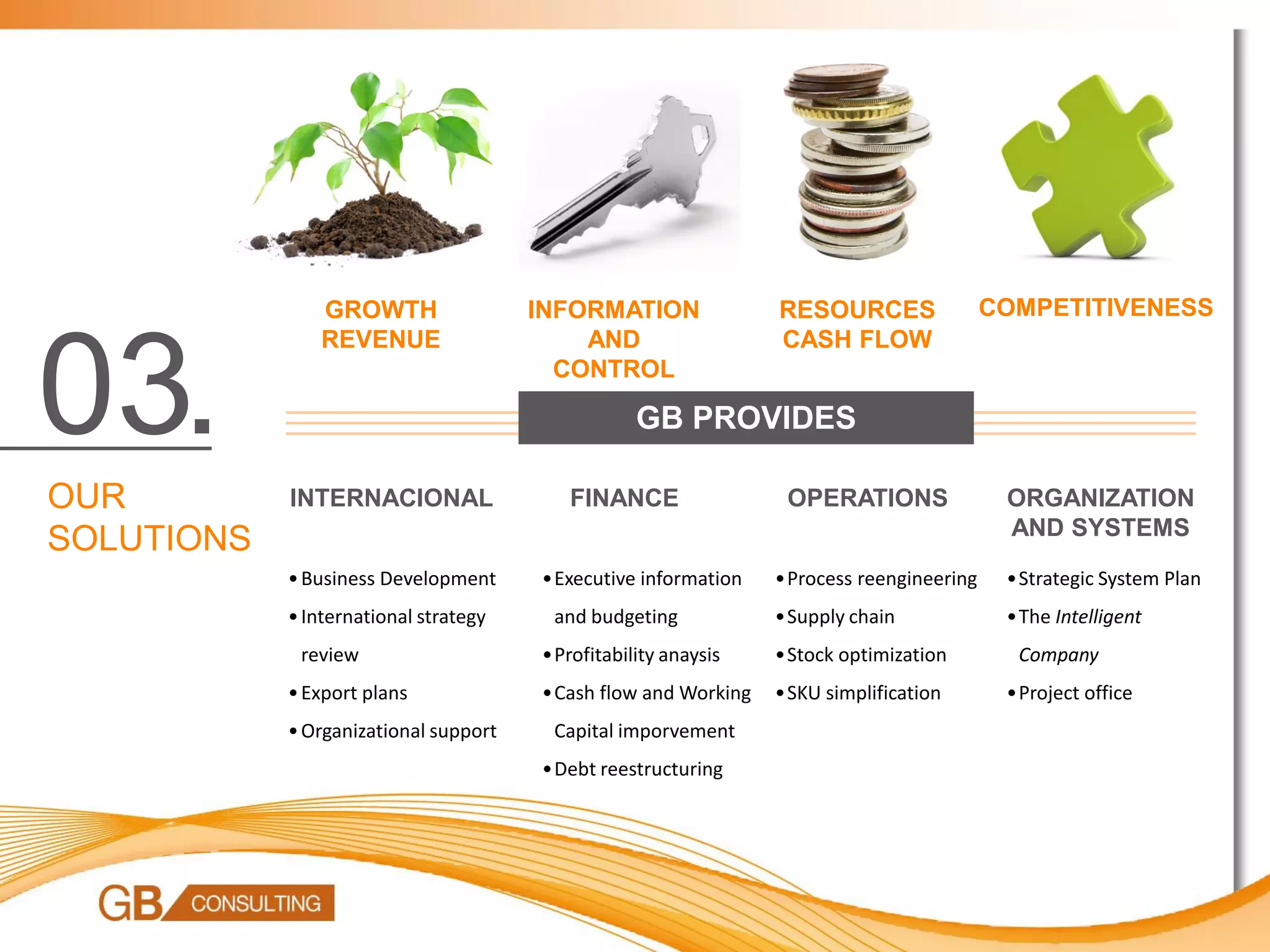GROWTH                 INFORMATION              RESOURCES                COMPETITIVENESS
                REVENUE                    AND                  CASH FLOW


03.                                      CONTROL

                                                  GB PROVIDES

OUR         INTERNACIONAL                 FINANCE                OPERATIONS               ORGANIZATION
                                                                                          AND SYSTEMS
SOLUTIONS
            • Business Development     •Executive information   •Process reengineering    •Strategic System Plan
            • International strategy    and budgeting           •Supply chain             •The Intelligent
             review                    •Profitability anaysis   •Stock optimization        Company
            • Export plans             •Cash flow and Working   •SKU simplification       •Project office
            • Organizational support    Capital imporvement
                                       •Debt reestructuring
 