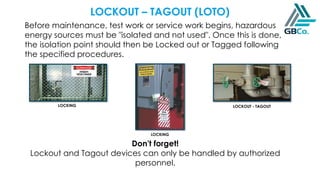 LOCKOUT – TAGOUT (LOTO)
Before maintenance, test work or service work begins, hazardous
energy sources must be "isolated and not used". Once this is done,
the isolation point should then be Locked out or Tagged following
the specified procedures.
Don't forget!
Lockout and Tagout devices can only be handled by authorized
personnel.
LOCKING
LOCKING
LOCKOUT - TAGOUT
 
