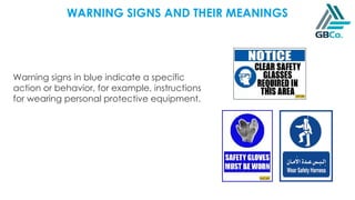 WARNING SIGNS AND THEIR MEANINGS
Warning signs in blue indicate a specific
action or behavior, for example, instructions
for wearing personal protective equipment.
 