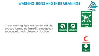 Green warning signs include first aid kits,
evacuation routes, fire exits, emergency
escape, etc. Indicates such situations.
WARNING SIGNS AND THEIR MEANINGS
 