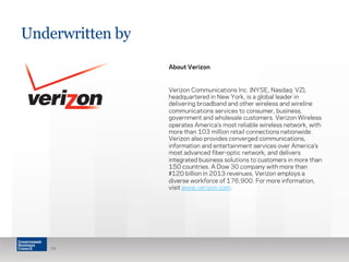 Underwritten by 
About Verizon 
Verizon Communications Inc. (NYSE, Nasdaq: VZ), 
headquartered in New York, is a global leader in 
delivering broadband and other wireless and wireline 
communications services to consumer, business, 
government and wholesale customers. Verizon Wireless 
operates America’s most reliable wireless network, with 
more than 103 million retail connections nationwide. 
Verizon also provides converged communications, 
information and entertainment services over America’s 
most advanced fiber-optic network, and delivers 
integrated business solutions to customers in more than 
150 countries. A Dow 30 company with more than 
$120 billion in 2013 revenues, Verizon employs a 
diverse workforce of 176,900. For more information, 
visit www.verizon.com. 
29 
 