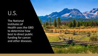 U.S.
The National
Institutes of
Health uses the GBD
to determine how
best to direct public
funding for cancer
and other diseases.
 