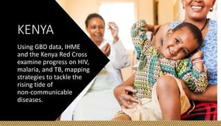 KENYA
Using GBD data, IHME
and the Kenya Red Cross
examine progress on HIV,
malaria, and TB, mapping
strategies to tackle the
rising tide of
non-communicable
diseases.
 