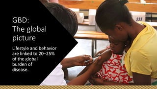 GBD:
The global
picture
Lifestyle and behavior
are linked to 20–25%
of the global
burden of
disease.
 