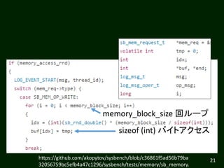 21
sizeof (int) バイトアクセス
memory_block_size 回ループ
https://github.com/akopytov/sysbench/blob/c36861f5ad56b79ba
32056759bc5efb4...
