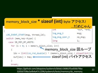 22
sizeof (int) バイトアクセス
memory_block_size 回ループ
memory_block_size * sizeof (int) byte アクセス!
…だめじゃん
https://github.com/akopy...