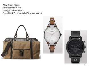 New from Fossil:
Estate Frame Duffle
Georgia Leather Watch
Gage Black Chronograph/Compass Watch




                                       31
 