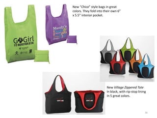 New “Chico” style bags in great
colors. They fold into their own 6”
x 5.5” interior pocket.




                        New Village Zippered Tote
                        In black, with rip-stop lining
                        In 5 great colors.



                                                     36
 