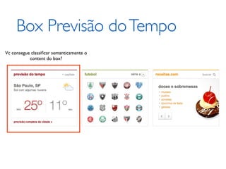 Box Previsão do Tempo
Vc consegue classiﬁcar semanticamente o
           content do box?
 