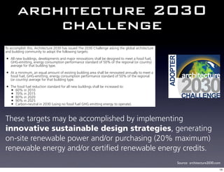 architecture 2030
            challenge
To accomplish this, Architecture 2030 has issued The 2030 Challenge asking the global architecture
and building community to adopt the following targets:

• All new buildings, developments and major renovations shall be designed to meet a fossil fuel,
   GHG-emitting, energy consumption performance standard of 50% of the regional (or country)
   average for that building type.

• At a minimum, an equal amount of existing building area shall be renovated annually to meet a
   fossil fuel, GHG-emitting, energy consumption performance standard of 50% of the regional
   (or country) average for that building type.

• The fossil fuel reduction standard for all new buildings shall be increased to:
  • 60% in 2010
  • 70% in 2015
  • 80% in 2020
  • 90% in 2025
  • Carbon-neutral in 2030 (using no fossil fuel GHG emitting energy to operate).


These targets may be accomplished by implementing
innovative sustainable design strategies, generating
on-site renewable power and/or purchasing (20% maximum)
renewable energy and/or certified renewable energy credits.
                                                                                                     Source: architecture2030.com
                                                                                                                                14
 