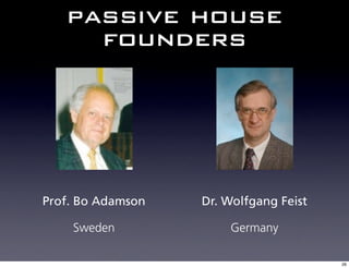 passive house
     founders




Prof. Bo Adamson   Dr. Wolfgang Feist

    Sweden             Germany

                                        26
 
