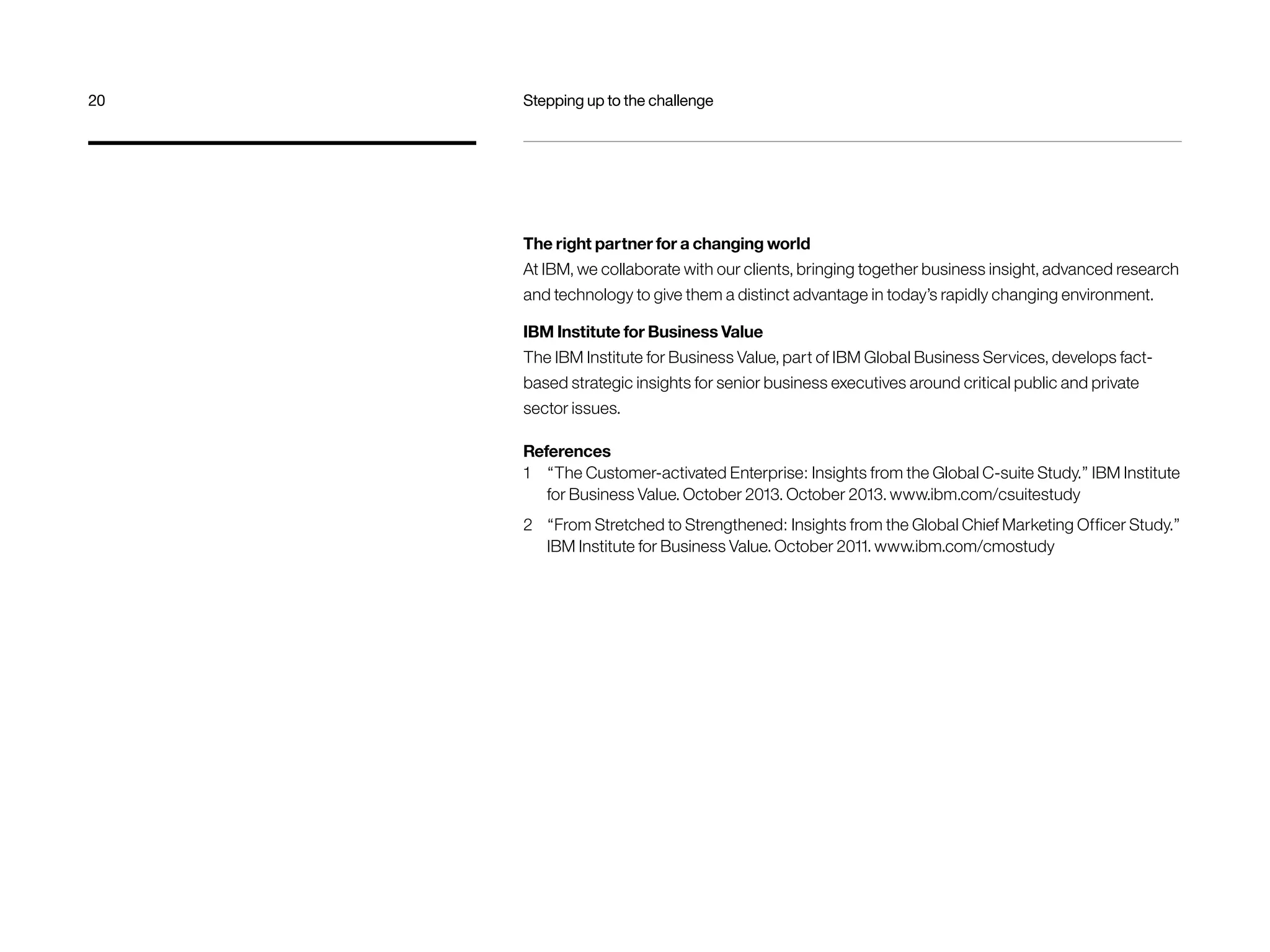 References
1	 “The Customer-activated Enterprise: Insights from the Global C-suite Study.” IBM Institute
for Business Value. October 2013. October 2013. www.ibm.com/csuitestudy
2	 “From Stretched to Strengthened: Insights from the Global Chief Marketing Officer Study.”
IBM Institute for Business Value. October 2011. www.ibm.com/cmostudy
The right partner for a changing world
At IBM, we collaborate with our clients, bringing together business insight, advanced research
and technology to give them a distinct advantage in today’s rapidly changing environment.
IBM Institute for Business Value
The IBM Institute for Business Value, part of IBM Global Business Services, develops fact-
based strategic insights for senior business executives around critical public and private
sector issues.
20	 Stepping up to the challenge
 