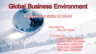 Professional Skills IB105-03
Submitted to:
Prof. Jim Cowan
Presented by:
Akash Patel: 000332846
Ashwini Dave: 000336656
Marut Shah: 000337279
Kartik Patel: 000335566
Mihir Patel: 000334647
 