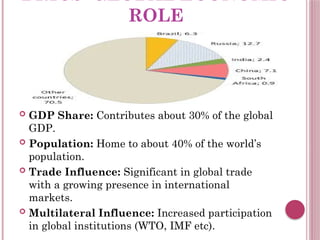 BRICS’ GLOBAL ECONOMIC
ROLE
 GDP Share: Contributes about 30% of the global
GDP.
 Population: Home to about 40% of the world’s
population.
 Trade Influence: Significant in global trade
with a growing presence in international
markets.
 Multilateral Influence: Increased participation
in global institutions (WTO, IMF etc).
 