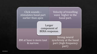 Click sounds –
stimulates basal part
earlier than apex
Velocity of travelling
wave higher in the
basal part.
BM at base is more taut
& narrow.
Strong neural
synchrony at the basal
part (high frequency
part)
Larger
component of
BERA response.
DR.GIRISH.S
 