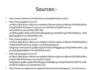 Sources:-
• http://www.slideshare.net/RaviChaurasiya/globalisation-ppt-2
• http://www.google.co.in/url?
sa=t&rct=j&q=&esrc=s&source=web&cd=5&cad=rja&uact=8&ved=0CEMQFjAE&ur
l=http%3A%2F%2Fwww-h.eng.cam.ac.uk%2Fteaching%2Fcourses
%2Fy4%2Flecnotes%2F4E5-MST-IBE-
Jan2004.ppt&ei=MZuvVPCaAY3vaJKhgtgJ&usg=AFQjCNErUgJ1TMmHtbQFyu_V0qf
gRqVhgw&bvm=bv.83339334,d.d2s
• http://www.google.co.in/url?
sa=t&rct=j&q=&esrc=s&source=web&cd=1&cad=rja&uact=8&ved=0CB4QFjAA&url
=http%3A%2F%2Fwww.witiger.com%2Fpowerpoints
%2Fgoing~international.ppt&ei=g52vVIniIobzUtP9ggg&usg=AFQjCNERErvNYtL_tpg
jycv4sQujEgioAQ&bvm=bv.83339334,d.d24
• http://www.google.co.in/url?
sa=t&rct=j&q=&esrc=s&source=web&cd=4&cad=rja&uact=8&ved=0CDAQFjAD&ur
l=http%3A%2F%2Fwww.uky.edu%2F~wallyf
%2Fglobaliz.ppt&ei=g56vVPilCNKjugSuzYKABQ&usg=AFQjCNH4I6Y6L5QfYT5c1yNC
StrGNFTSvw&bvm=bv.83339334,d.c2E
• http://www.carnegiecouncil.org/publications/archive/dialogue/1_11/relevance_s
 