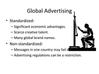 Global Advertising
• Standardized:
– Significant economic advantages.
– Scarce creative talent.
– Many global brand names.
• Non-standardized:
– Messages in one country may fail in another.
– Advertising regulations can be a restriction.
 