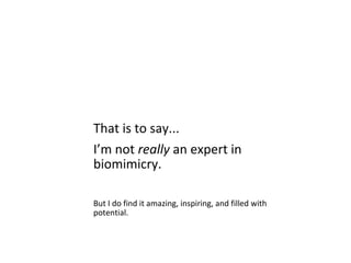 That is to say...
I’m not really an expert in
biomimicry.

But I do find it amazing, inspiring, and filled with
potential.
 