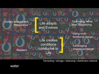 Locally attuned and
        Responsive
                      [   Life adapts
                          and Evolves
                                                         Optimizing rather
                                                         than Maximizing


                                                         Using multi-
                                                         functional design



         Resilient
                          Life creates
                           conditions
                          conducive to
                               Life
                                            ]             Leveraging
                                                          Interdependence



                            harvesting / storage / cleansing / distribution network

    water
 