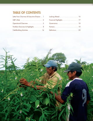 tABle oF ContentS
Letter from Chairman & Executive Director  .  . 1                                   Looking Ahead  .  .  .  .  .  .  .  .  .  .  .  .  .  .  .  .  .  .  .  . 16

GBF’s Role  .  .  .  .  .  .  .  .  .  .  .  .  .  .  .  .  .  .  .  .  .  .  . 2   Financial Highlights  .  .  .  .  .  .  .  .  .  .  .  .  .  .  .  .  . 17

Operational Overview  .  .  .  .  .  .  .  .  .  .  .  .  .  .  .  . 5              Governance  .  .  .  .  .  .  .  .  .  .  .  .  .  .  .  .  .  .  .  .  .  . 18

Portfolio Overview & Highlights  .  .  .  .  .  .  .  .  . 8                        Partners  .  .  .  .  .  .  .  .  .  .  .  .  .  .  .  .  .  .  .  .  .  .  .  .  . 19

Field-Building Activities  .  .  .  .  .  .  .  .  .  .  .  .  .  . 14              Definitions  .  .  .  .  .  .  .  .  .  .  .  .  .  .  .  .  .  .  .  .  .  .  . 20
 