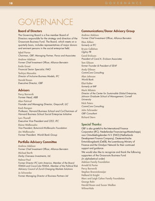 18                                                                                         G o v e R n A n C e




     GOVERNANCE
     Board of Directors                                            Communications/Donor Advisory Group
     The Governing Board is a five member Board of                 Andrew Adelson
     Directors responsible for the strategy and direction of the   Former Chief Investment Officer, Alliance Bernstein
     Grassroots Business Fund . The Board, which meets on a        max Aitken
     quarterly basis, includes representatives of major donors     formerly at IFC
     and eminent persons in the social enterprise field .          Bryan Callahan
     iqbal paroo                                                   Ogilvy PR
     Chairman, GBF; Managing Partner, Paroo and Associates         Carol erickson
     Andrew Adelson                                                President of Carol A. Erickson Associates
     Former Chief Investment Officer, Alliance Bernstein           tom Gibson
     emile Groot                                                   former Founder & President of SEAF
     Financial Sector Specialist, FMO                              Andy Gilman
     toshiya masuoka                                               CommCore Consulting
     Director of Inclusive Business Models, IFC                    Alan Johnson
     harold Rosen                                                  World Bank
     Executive Director, GBF                                       eliot Kalter
                                                                   formerly at IMF
     Advisors                                                      mark milstein
     percy Barnevik                                                Director of the Center for Sustainable Global Enterprise,
     Former Head, ABB                                              Johnson Graduate School of Management, Cornell
                                                                   University
     Alan patricof
     Founder and Managing Director, Greycroft, LLC                 nick peters
                                                                   CommCore Consulting
     Kash Rangan
     Professor, Harvard Business School and Co-Chairman of         John Schroeder
     Harvard Business School Social Enterprise Initiative          GBF Consultant

     lars thunell                                                  Richard Stern
     Executive Vice President and CEO, IFC
     elaine wolfensohn                                             Special thanks:
     Vice President, Botwinick-Wolfensohn Foundation               GBF is also grateful to the International Finance
     Jim wolfensohn                                                Corporation (IFC), Nederlandse Financierings-Maatschappij
     Former President, World Bank Group                            voor Ontwikkelingslanden N .V . (FMO) (Netherlands
                                                                   Development Finance Company), Oesterreichische
     portfolio Advisory Committee                                  Entwicklungsbank (OeEB), the Luxembourg Ministry of
     Andrew Adelson                                                Finance and the Omidyar Network for their continued
     Former Chief Investment Officer, Alliance Bernstein           support and guidance .
     michael Barth                                                 We would also like to recognize and thank the following
     Darby Overseas Investments, Ltd.                              supporters of the Grassroots Business Fund
     helmut paul                                                   (in alphabetical order)
     Former Director IFC Latin America, Member of the Board        Adelson Family Foundation
     FEMSA and Coca-Cola FEMSA, Member of the Political Risk       Arnold & porter
     Advisory Council of Zurich Emerging Markets Solutions         percy Barnevik
     Jo Schwenke                                                   Stephen Brenninkmeijer
     Former Managing Director of Business Partners Ltd             holland & Knight
                                                                   marc and leigh Cohen Family Foundation
                                                                   George Rohr
                                                                   harold Rosen and Susan wedlan
                                                                   wilmerhale
 