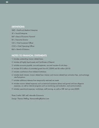 20




     DeFinitionS
     SME = Small and Medium Enterprise
     SE = Social Enterprise
     BoP = Base of Economic Pyramid
     ED = Executive Director
     CIO = Chief Investment Officer
     COO = Chief Operating Officer
     BoD = Board of Directors


     noteS to FinAnCiAl StAtementS
     1 . Includes outstanding mission related loans
     2 . Includes all highly liquid assets and Certificates of Deposit
     3 . Includes accounts payable, accrued expenses, accrued vacation & sick days
     4 . Includes $10 million of committed grants from IFC (2009) and $5 million (2010)
     5 . Includes contributions from bilateral institutions
     6 . Includes bank interest, mission related loan interest, and mission related loan activation fees, and exchange
          rate fluctuations
     7 . Includes additions/releases from temporarily restricted net assets
     8 . Includes mission related expenses such as technical assistance (direct and grants) and due diligence
          expenses, as well as internal programs such as monitoring and evaluation, and communications
     9 . Includes operational expenses, workshops, staff training, as well as GBF start up costs (2009)


     Photo Credits: GBF staff, Marcella Echavarria
     Design: Theresa Welling, theresawelling@yahoo .com
 