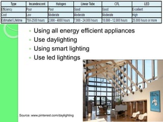  Using all energy efficient appliances
 Use daylighting
 Using smart lighting
 Use led lightings
Source: www.pinterest.com/daylighting
 