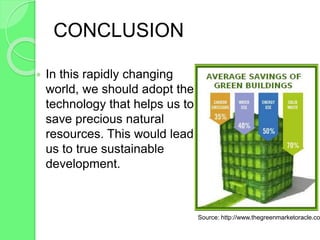 CONCLUSION
 In this rapidly changing
world, we should adopt the
technology that helps us to
save precious natural
resources. This would lead
us to true sustainable
development.
Source: http://www.thegreenmarketoracle.co
 