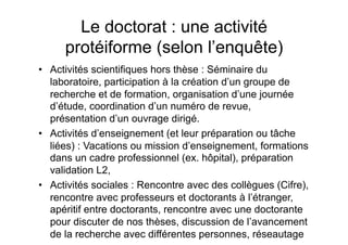 Le doctorat : une activité
protéiforme (selon l’enquête)
•  Activités scientifiques hors thèse : Séminaire du
laboratoire, participation à la création d’un groupe de
recherche et de formation, organisation d’une journée
d’étude, coordination d’un numéro de revue,
présentation d’un ouvrage dirigé.
•  Activités d’enseignement (et leur préparation ou tâche
liées) : Vacations ou mission d’enseignement, formations
dans un cadre professionnel (ex. hôpital), préparation
validation L2,
•  Activités sociales : Rencontre avec des collègues (Cifre),
rencontre avec professeurs et doctorants à l’étranger,
apéritif entre doctorants, rencontre avec une doctorante
pour discuter de nos thèses, discussion de l’avancement
de la recherche avec différentes personnes, réseautage
 