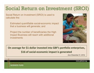 Social Return on Investment (SROI)
Social Return on Investment (SROI) is used to
calculate the:

   Estimated
   E ti t d quantifiable social-economic i
                   tifi bl    i l     i impact
                                             t
   that a business will generate; and

   Project the number of beneficiaries the High
   Impact Business will reach with additional
   investments



 On average for $1 dollar invested into GBF’s portfolio enterprises, 
           $16 of social‐economic impact is generated
                                                     (As of December 31, 2010)
 