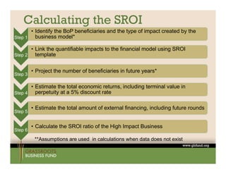 Calculating the SROI
       • Identify the BoP beneficiaries and the type of impact created by the
Step 1   business model*

     • Link the quantifiable impacts to the financial model using SROI
Step
St 2   template


         • Project the number of beneficiaries in future years*
Step 3
   p

       • Estimate the total economic returns, including terminal value in
Step 4   perpetuity at a 5% discount rate

         • Estimate the total amount of external financing, including future rounds
Step 5


         • Calculate the SROI ratio of the High Impact Business
Step 6

          **Assumptions are used in calculations when data does not exist
                 p
 