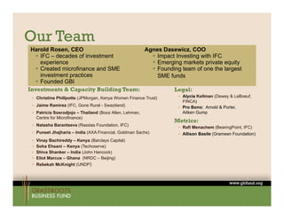 Our Team
 Harold Rosen, CEO                    Agnes Dasewicz, COO
    IFC – decades of investment         Impact Investing with IFC
     experience                          Emerging markets private equity
    Created microfinance and SME        Founding team of one the largest
     investment practices                 SME funds
    Founded GBI
Investments & Capacity Building Team:           Legal:
  Christine Phillpotts (JPMorgan, Kenya Women Finance Trust)     Alycia Kellman (Dewey & LeBoeuf
                                                                                           LeBoeuf,
                                                                   FINCA)
  Jaime Ramirez (IFC, Gone Rural - Swaziland)
                                                                  Pro Bono: Arnold & Porter,
  Patricia Sosrodjojo – Thailand (Booz Allen, Lehman,             Aitken Gump
   Centre for Microfinance)
                                                                Metrics:
  Natasha Barantseva (Rassias Foundation, IFC)
                                                                  Rafi Menachem (BearingPoint, IFC)
  Puneet Jhajharia – India (AXA Financial, Goldman Sachs)        Allison Basile (Grameen Foundation)
  Vinay Bachireddy – Kenya (Barclays Capital)
  Soha Ehsani – Kenya (Techoserve)
  Shi
   Shiva Sh k – I di (J h H
         Shanker India (John Hancock)
                                   k)
  Eliot Marcus – Ghana (NRDC – Beijing)
  Rebekah McKnight (UNDP)
 