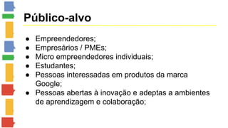 Público-alvo 
● Empreendedores; 
● Empresários / PMEs; 
● Micro empreendedores individuais; 
● Estudantes; 
● Pessoas interessadas em produtos da marca 
Google; 
● Pessoas abertas à inovação e adeptas a ambientes 
de aprendizagem e colaboração; 
 