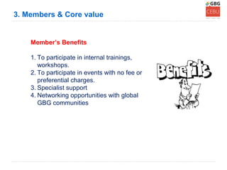 3. Members & Core value


    Member’s Benefits

    1. To participate in internal trainings,
       workshops.
    2. To participate in events with no fee or
       preferential charges.
    3. Specialist support
    4. Networking opportunities with global
       GBG communities
 