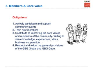 3. Members & Core value


    Obligations

    1. Actively participate and support
       community events
    2. Train new members
    3. Contribute to improving the core values
       and reputation of the community. Willing to
       share knowledge, experiences, ideas,
       business cooperation…
    4. Respect and follow the general provisions
       of the GBG Global and GBG Cebu.
 