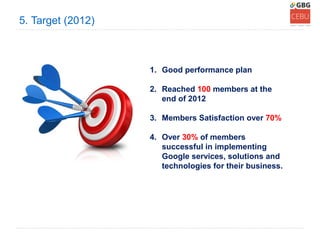 5. Target (2012)



                   1. Good performance plan

                   2. Reached 100 members at the
                      end of 2012

                   3. Members Satisfaction over 70%

                   4. Over 30% of members
                      successful in implementing
                      Google services, solutions and
                      technologies for their business.
 