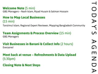 Welcome Note (5 min)
GBG Managers – Nash Islam, Riyad Husain & Salman Hossain
How to Map Local Businesses
(15 min)
Tanzimul Islam, Regional Expert Reviewer, Mapping Bangladesh Community
Team Assignments & Process Overview (15 min)
GBG Managers
Visit Businesses in Banani & Collect Info (2 hours)
Everyone!
Meet back at venue – Refreshments & Data Upload
(5:30pm)
Closing Note & Next Steps
TODAY’SAGENDA
 