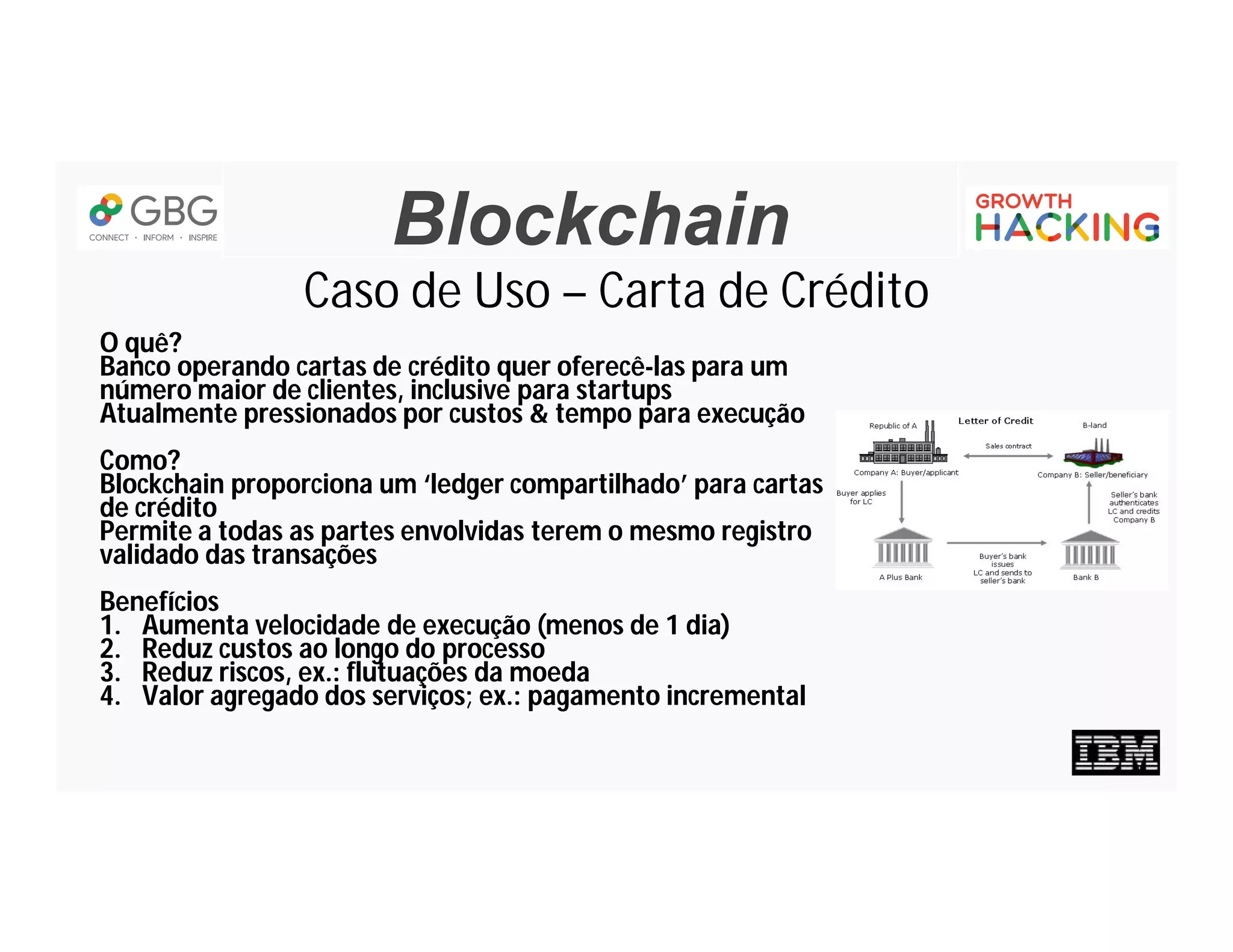 Blockchain
Caso de Uso – Carta de Crédito
O quê?
Banco operando cartas de crédito quer oferecê-las para um
número maior de clientes, inclusive para startups
Atualmente pressionados por custos & tempo para execução
Como?
Blockchain proporciona um ‘ledger compartilhado’ para cartas
de crédito
Permite a todas as partes envolvidas terem o mesmo registro
validado das transações
Benefícios
1. Aumenta velocidade de execução (menos de 1 dia)
2. Reduz custos ao longo do processo
3. Reduz riscos, ex.: flutuações da moeda
4. Valor agregado dos serviços; ex.: pagamento incremental
 
